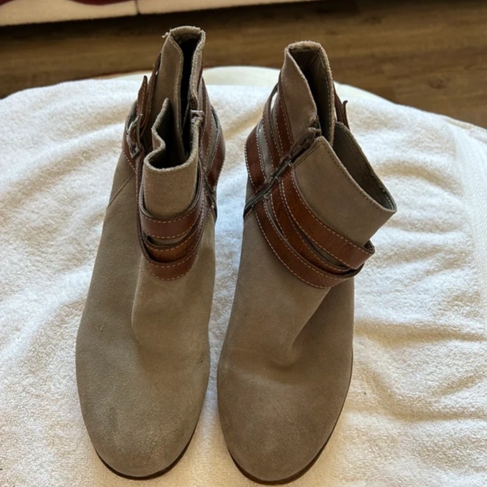 Sonoma Taupe Suede Ankle Boots with Brown Strap Detail